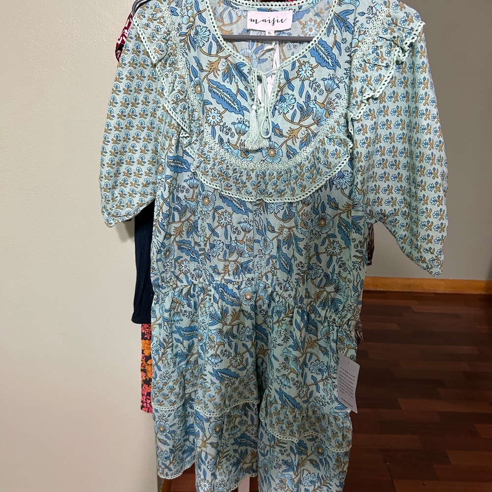 Sky Blue and Beige Floral Dress